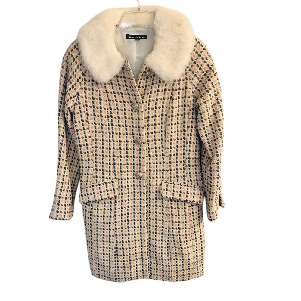 Vintage Coat Tweed Faux Fur Collar Rhinestone Buttons Wool Blend Classic Sz 8